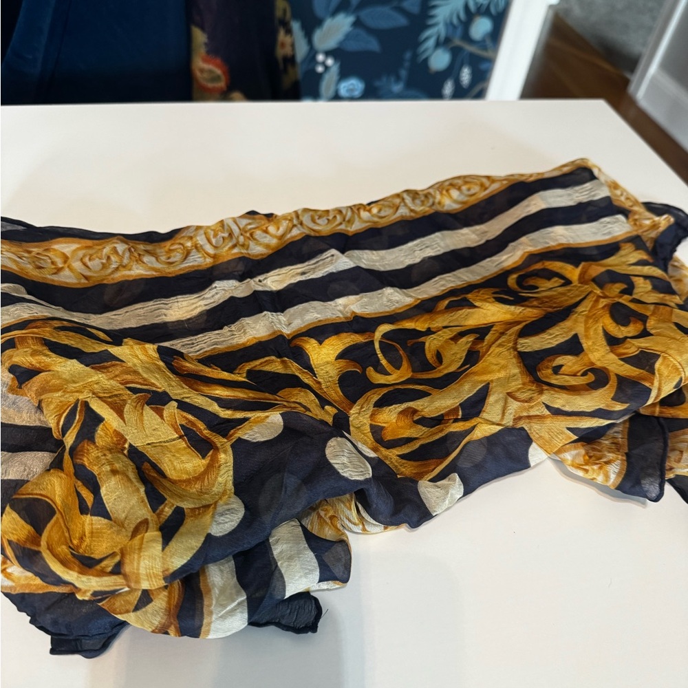 VINTAGE Christian Dior Silk Scarf 32" Baroque Polka Dot Stripe Navy Gold Blue - Picture 6 of 9